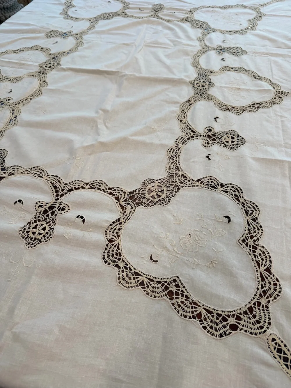 Vintage cotton linen cutwork battenburg lace formal tablecloth 84”x66” Victorian